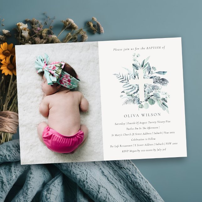 Blue Eucalyptus Fauna Kor Photo Baptism Inbjudan (Skapare uppladdad)