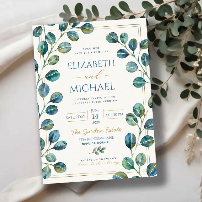 Blue Eucalyptus with Elegant Gold Details Inbjudningar (Skapare uppladdad)