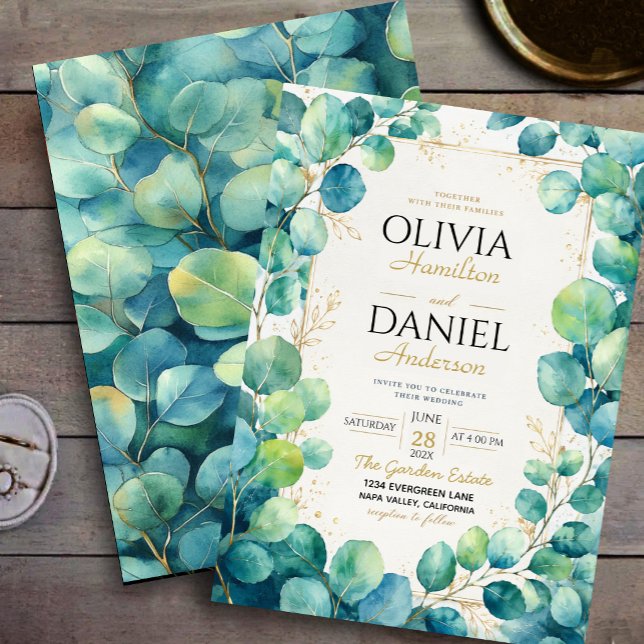 Blue Eucalyptus with Gold Botanical Accents Inbjudningar (Skapare uppladdad)