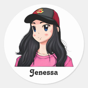 Blue Eyed Black Hair Anime Girl Personlig Runt Klistermärke