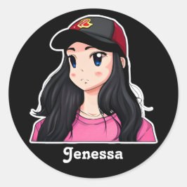 Blue Eyed Black Hair Anime Girl Personlig Runt Klistermärke