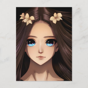 Blue Eyed Brunette Anime Girl Birthday Vykort