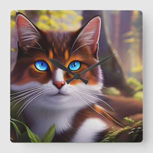 Blue Eyed Cat i Skogen Fyrkantig Klocka