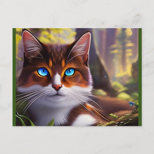 Blue Eyed Cat in Skogen Jigszawa Puzzle Vykort (Framsida)