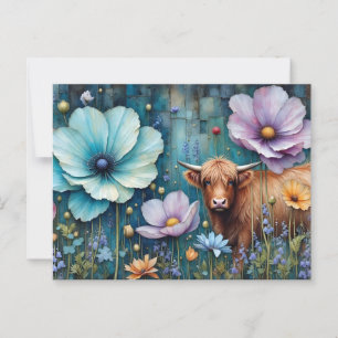 Blue Eyed Highland Heifer Blommigt Tapestry Vykort