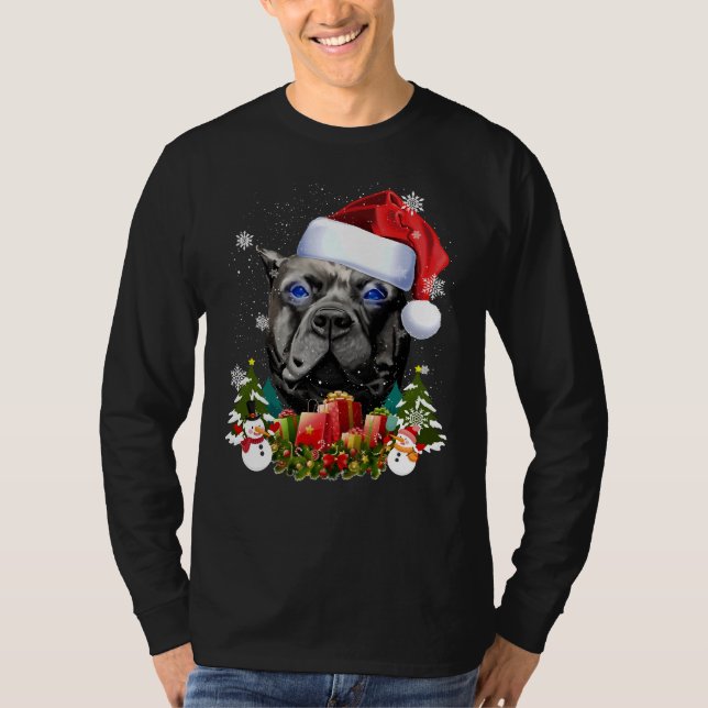 Blue Eyed Hund Black Pitbull jul Santa Hat T Shirt (Framsida)