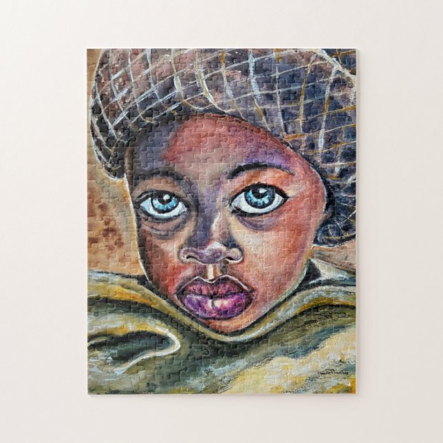 Blue Eyed Little Girl with Hat - Watercolor Art - Pussel (Vertikal)
