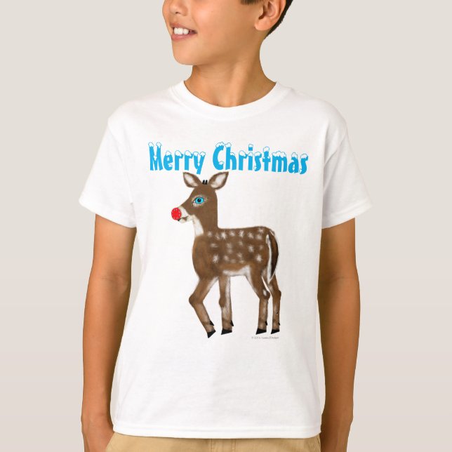 Blue Eyed Red Nose Reindeer God jul Tee Shirt (Framsida)