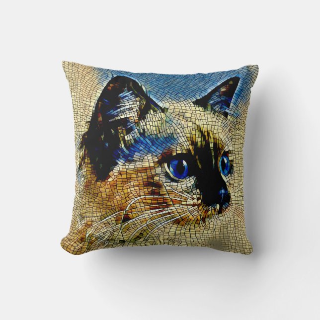 Blue Eyed Siamese Cat Mosaic Tiles Kudde (Framsida)