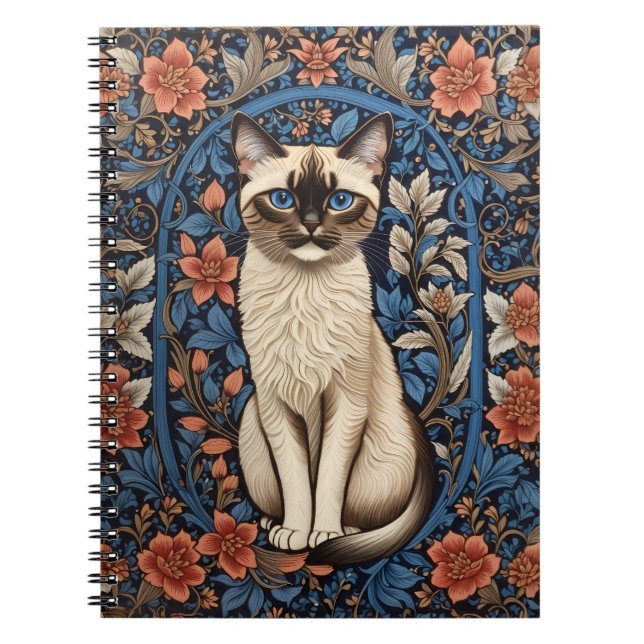 Blue Eyed Siamese Cat William Morris Inspired Anteckningsbok (Framsidan)