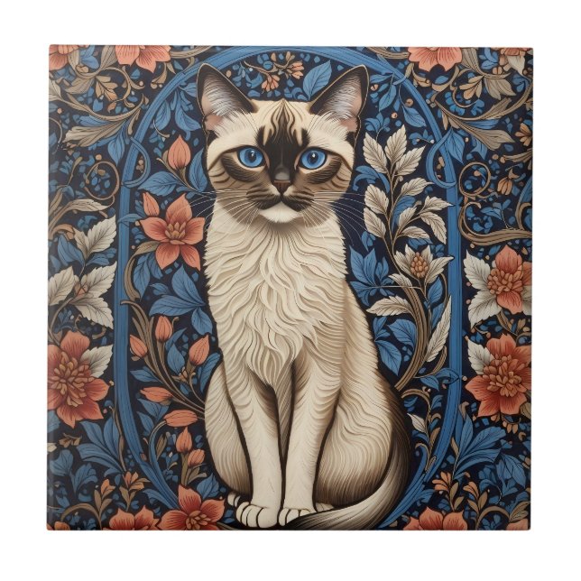 Blue Eyed Siamese Cat William Morris Inspired Kakelplatta (Framsidan)