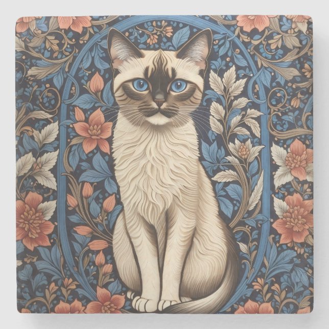 Blue Eyed Siamese Cat William Morris Inspired Stenunderlägg (Framsidan)