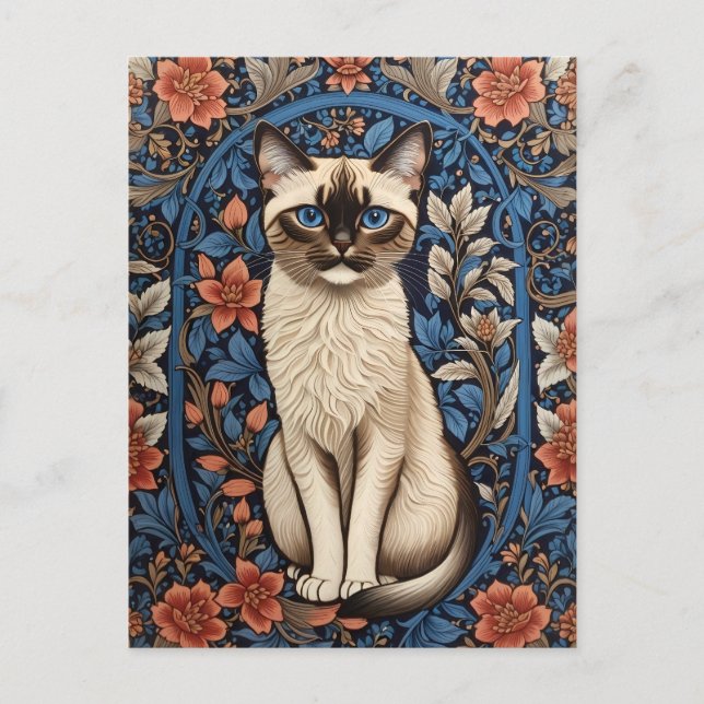Blue Eyed Siamese Cat William Morris Inspired Vykort (Framsida)