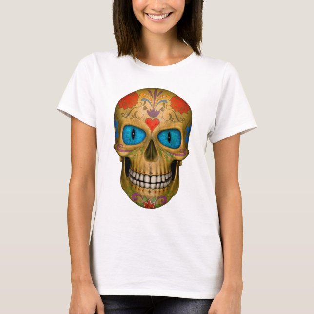 Blue Eyed Sugar Skull Zombie Odöda T-shirt (Framsida)