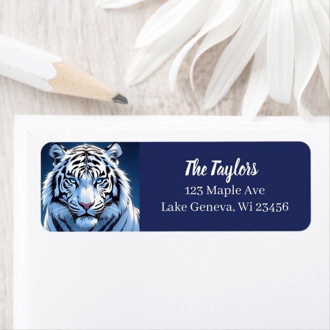 Blue eyed White Tiger Personalized Returadress Etikett (Insitu)