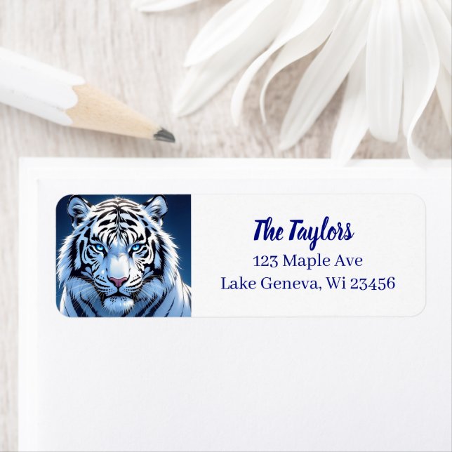 Blue eyed White Tiger Personalized Returadress Etikett (Insitu)