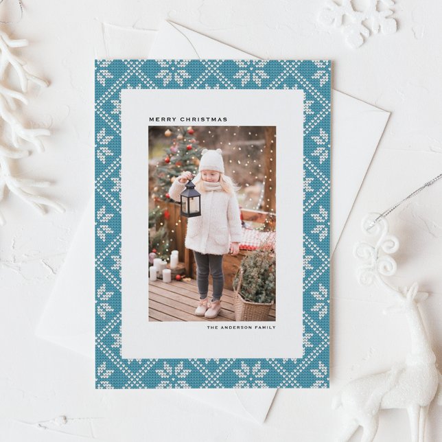Blue Fair Isle Patterned julfoto Julkort (Blue Fair Isle Knit Pattern Photo Christmas Holiday Card)