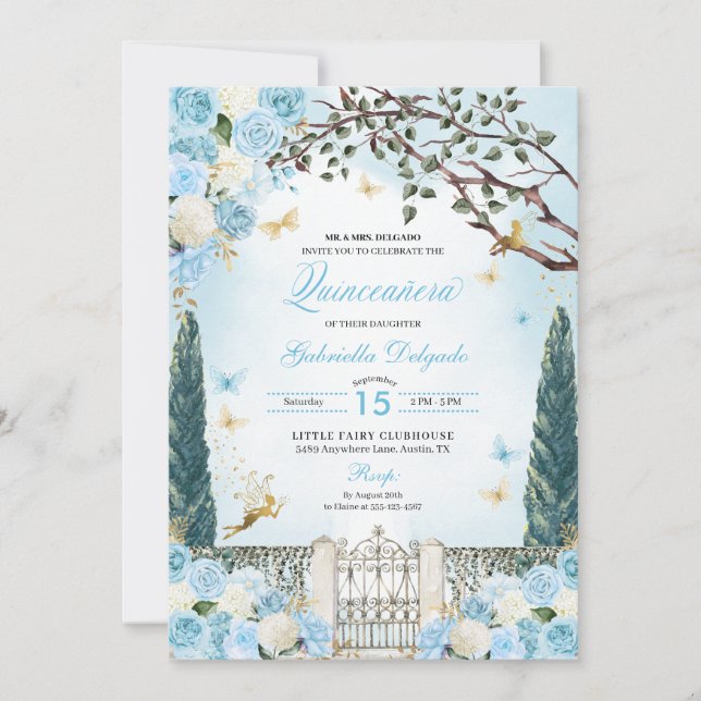 Blue Fairy Enchanted Garden Quinceanera Inbjudningar (Framsida)