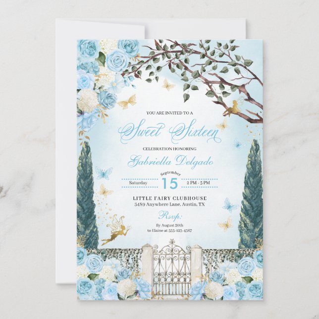 Blue Fairy Enchanted Garden Sweet sixteen Inbjudningar (Framsida)