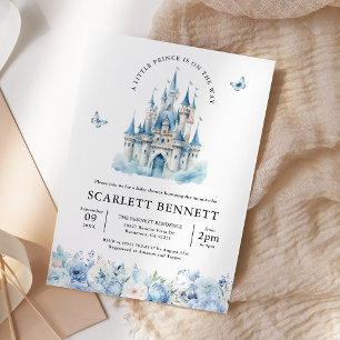 Blue Fairytale Castle Prince Blommigt Baby Shower Inbjudningar