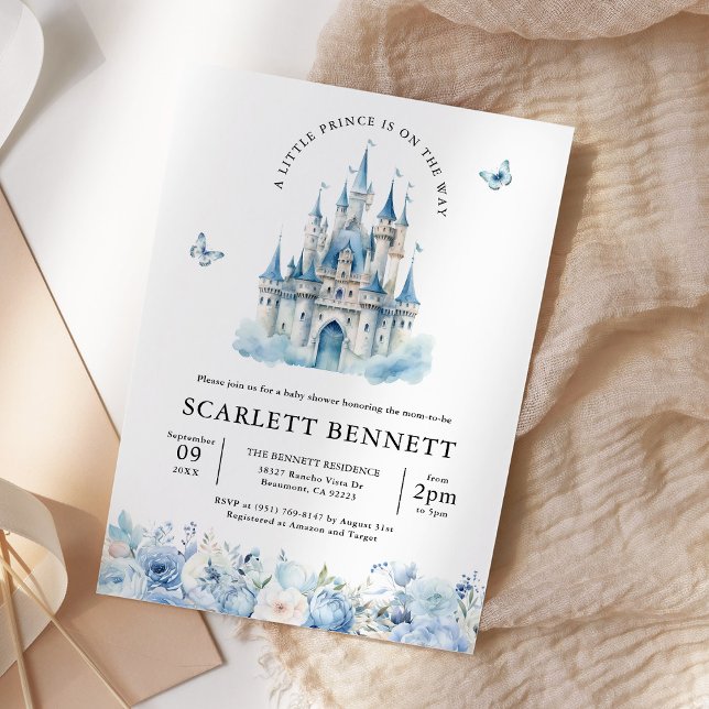 Blue Fairytale Castle Prince Blommigt Baby Shower Inbjudningar (Skapare uppladdad)
