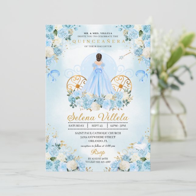 Blue Fairytale Cinderella Carriage Quinceañera Inbjudningar (Stående Fram)