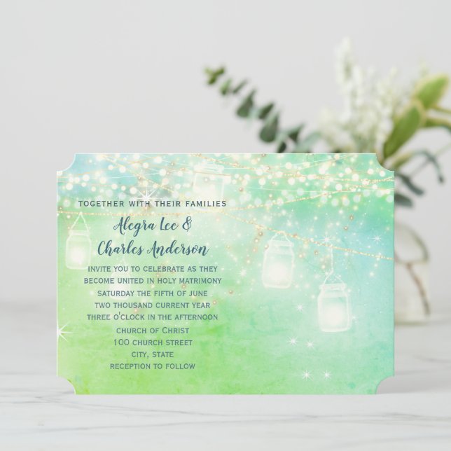 Blue Fairytale Woodsy Farmhouse Mason Burk Bröllop Inbjudningar (Stående Fram)