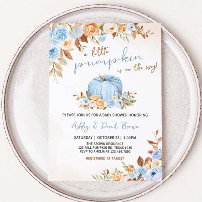 Blue Fall Blommigt Pumpkin Baby Shower Inbjudningar (Blue Pumpkin Baby Shower Invitation )