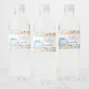 Blue Fall Blommigt Pumpkin Baby Shower Vattenflaskor Etikett