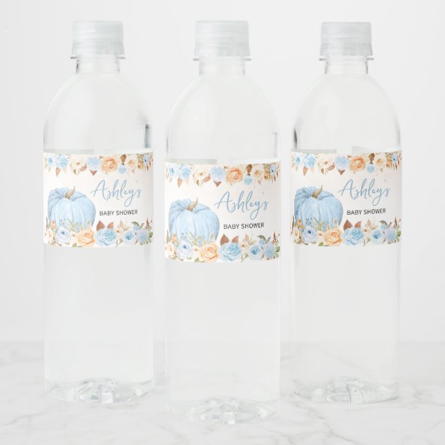 Blue Fall Blommigt Pumpkin Baby Shower Vattenflaskor Etikett (Flaskor)