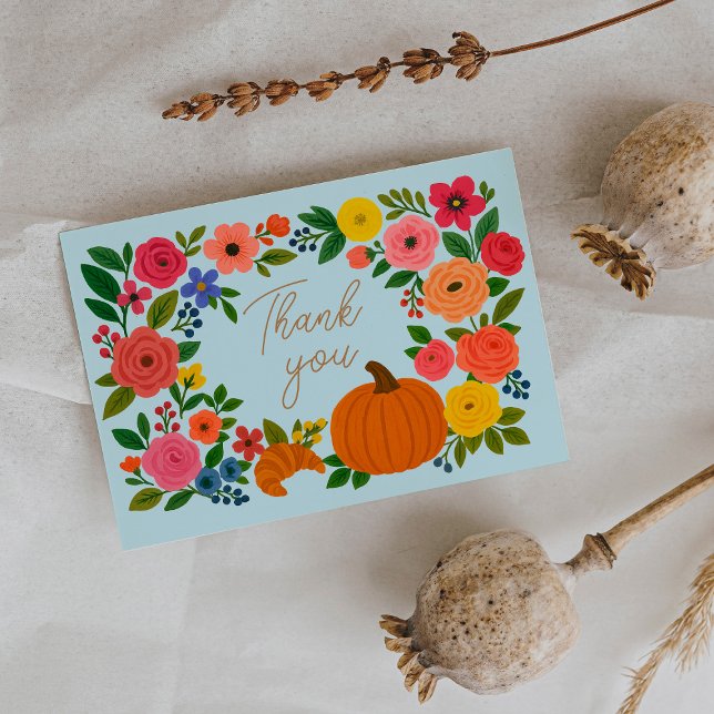 Blue Fall Blommigts Pumpkin Baby Shower Tack Kort (Skapare uppladdad)