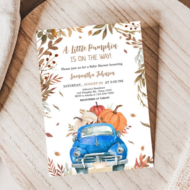 Blue Fall Pumpkin Lastbil Baby Shower Inbjudningar (Truck Pumpkin Baby Shower Invitation)