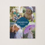 Blue Family Photo Collage Family namn Pussel<br><div class="desc">Anpassa det här pusslet med familjefotografier, inkludera ditt favoritfoto av barnen, mor- och farföräldrar, föräldrar, husdjur osv. Upp till 4 bilder att ersätta. Ändra alla foton och familjens efternamn. Gör en underbar gåva till familjetid. En blå etikett med ram på mitten. *Du får inte tveka att kontakta mig om du...</div>