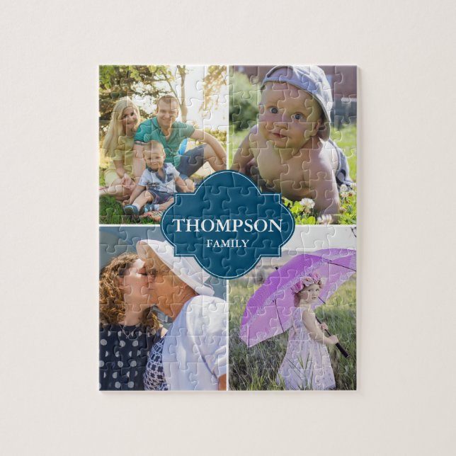 Blue Family Photo Collage Family namn Pussel (Vertikal)