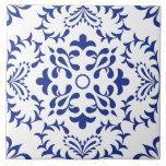 Blue Fanfare Kakelplatta<br><div class="desc">Blue Fanfare showcases a clean and elegant composition of dark blue botanical motifs radiating from a central ring. The symmetrical flourishes and fan-like floral bursts in the corners give the design both a sense of structure and movement. Set against a crisp white background, this tile balances boldness with grace—ideal for...</div>