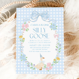 Blue Fånig Goose Blommigt Gingham 1:a födelsedagen Inbjudningar