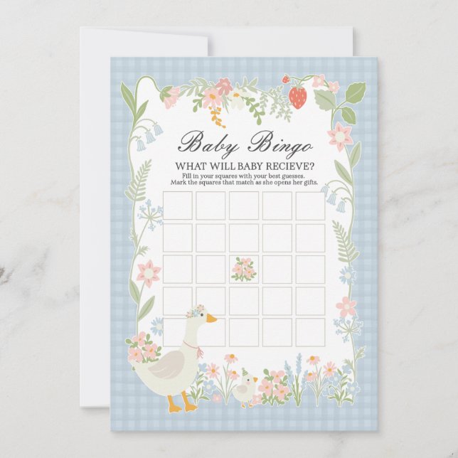 Blue Fånig Goose Blommigt Gingham Baby Bingo Game Inbjudningar (Framsida)