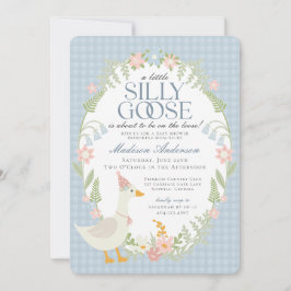 Blue Fånig Goose Blommigt Gingham Baby Shower Inbjudningar