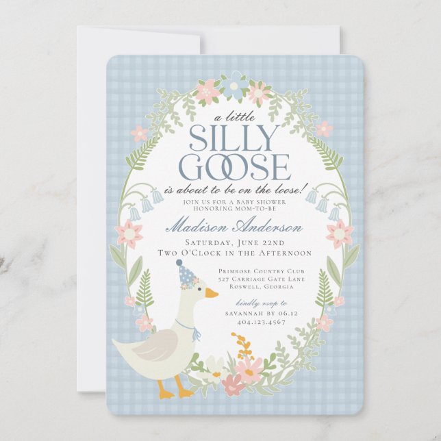 Blue Fånig Goose Blommigt Gingham Baby Shower Inbjudningar (Framsida)