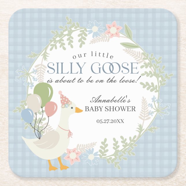 Blue Fånig Goose Blommigt Gingham Baby Shower Underlägg Papper Kvadrat (Framsidan)