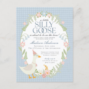 Blue Fånig Goose Blommigt Gingham Baby Shower Vykort