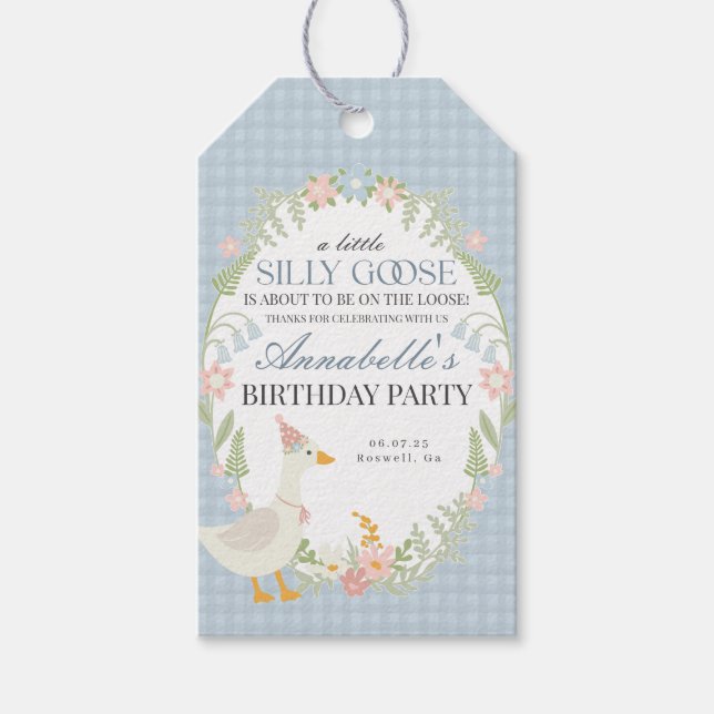 Blue Fånig Goose Blommigt Gingham Birthday Favor Presentetikett (Framsidan)