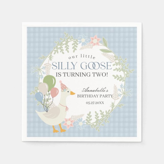 Blue Fånig Goose Blommigt Gingham Birthday Pappersservett (Framsidan)