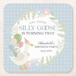 Blue Fånig Goose Blommigt Gingham Birthday Underlägg Papper Kvadrat