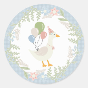 Blue Fånig Goose Blommigt Gingham Favors Runt Klistermärke