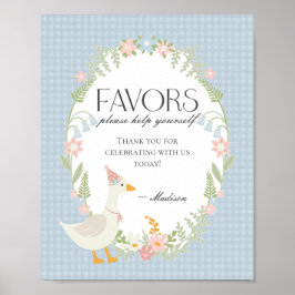Blue Fånig Goose Blommigt Gingham Favors Sign Poster