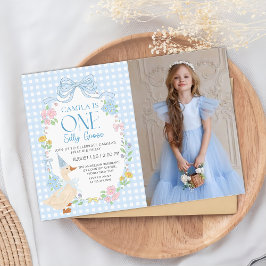 Blue Fånig Goose Blommigt Gingham First Birthday Inbjudningar