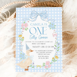 Blue Fånig Goose Blommigt Gingham First Birthday Inbjudningar
