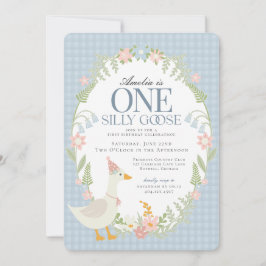 Blue Fånig Goose Blommigt Gingham First Birthday Inbjudningar