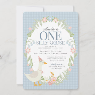 Blue Fånig Goose Blommigt Gingham First Birthday Inbjudningar